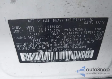 2015 Subaru Outback 2.5I Limited from USA, damaged, VIN 4S4BSBJC6F3269551